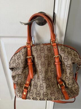 Michael Kors Beige/Brown MK Logo Satchel with Cognac Trim